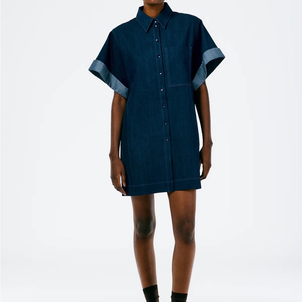 Tibi Enzyme Washed Denim Rolled Sleeve Shirtdress